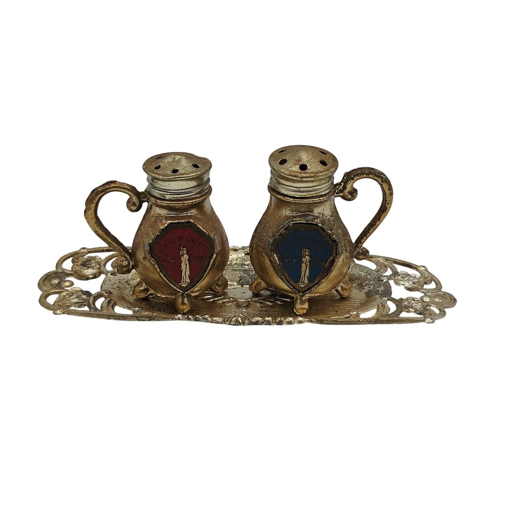Vintage Mini Metal Salt Pepper Shakers Tray Statue Of Liberty New York Gold Gift